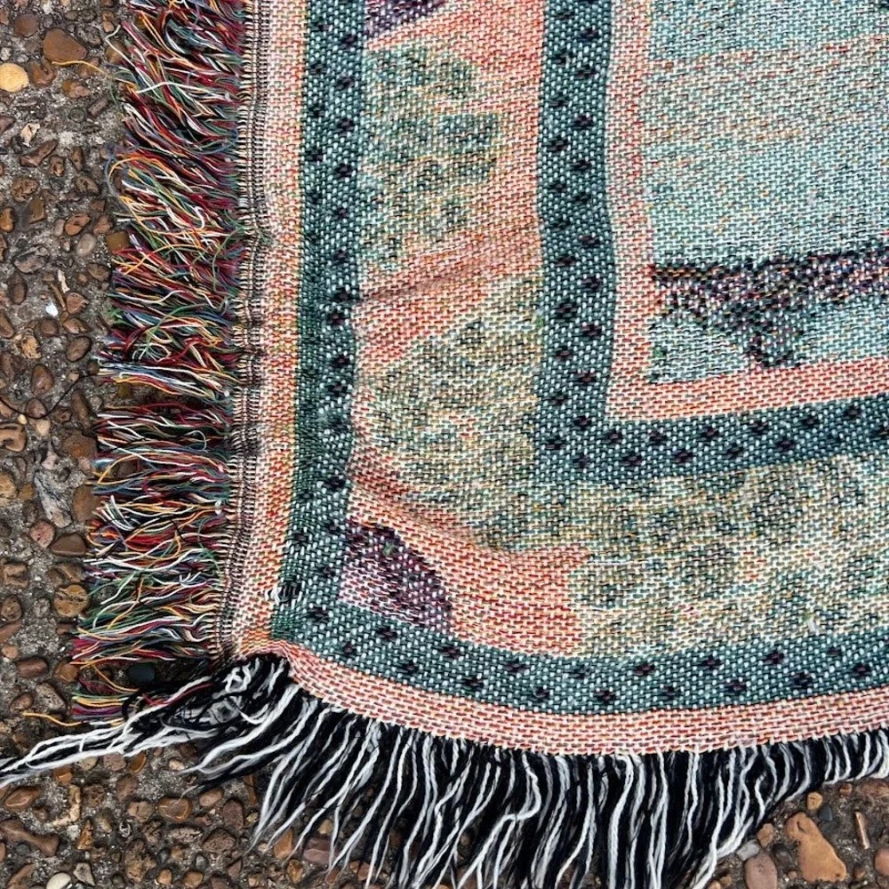 Vintage Dog and Cat Cuddling on Brick Porch Floral Woven Tapestry Blanket Throw